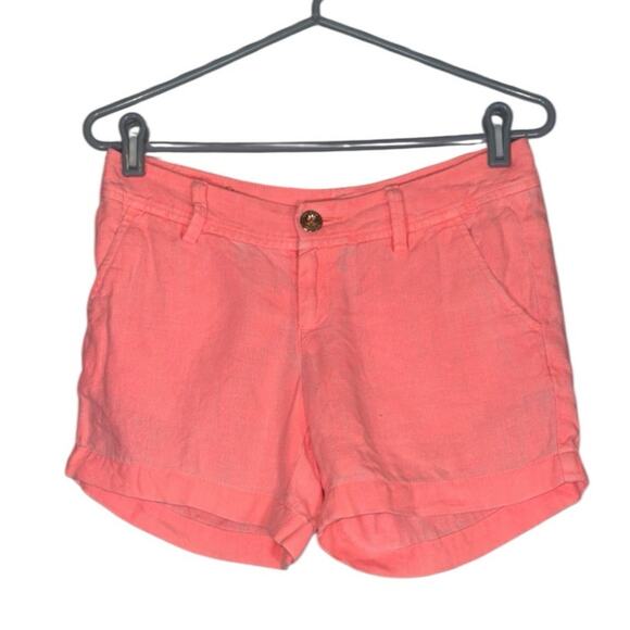 Lilly Pulitzer Linen Calla Shorts Coral Orange Pink Womens 0 Gold Button Resort - Picture 1 of 9